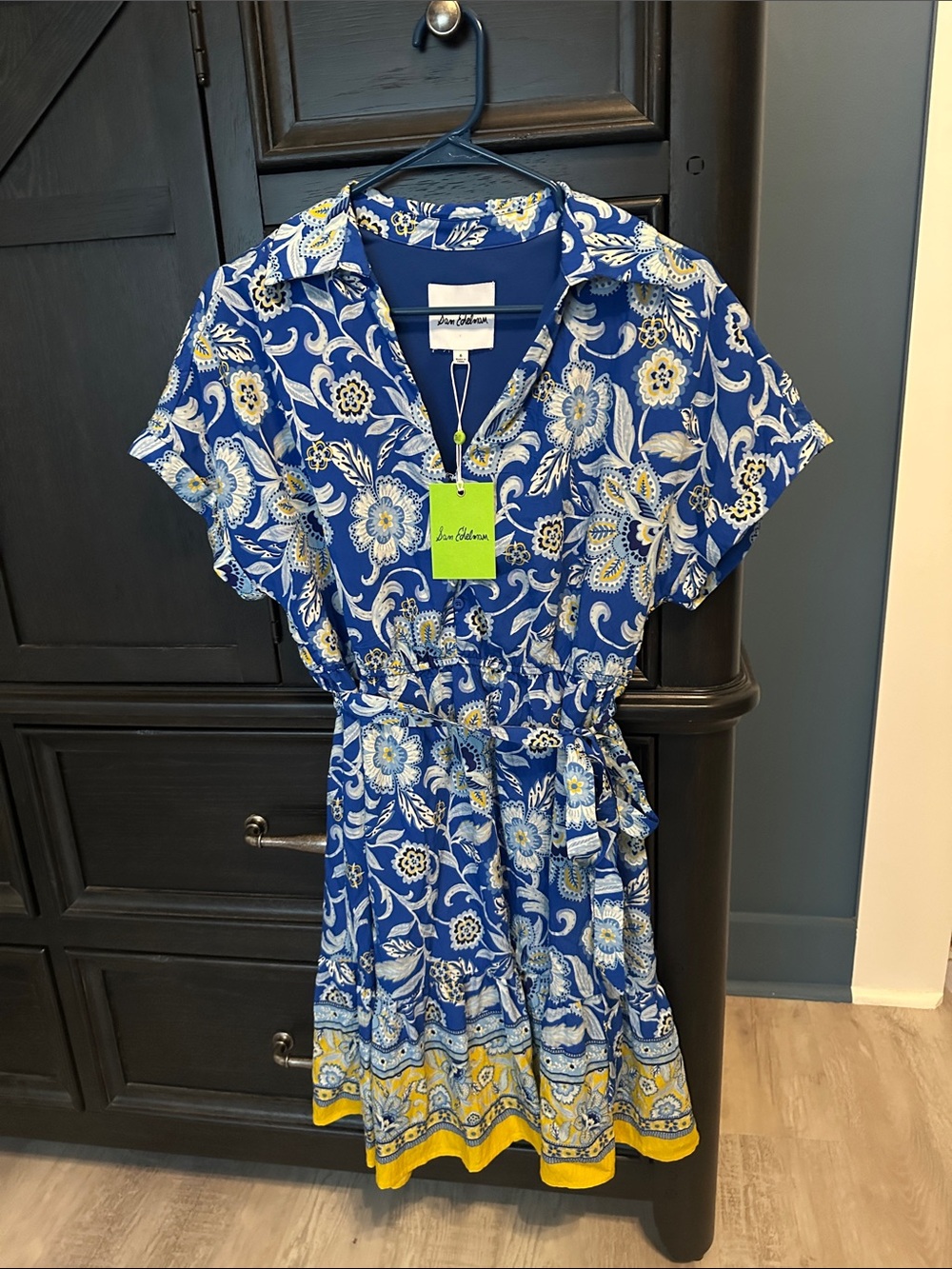 Sam Edelman Blue Floral Short-Sleeve Shirt Dress with Yellow Trim
